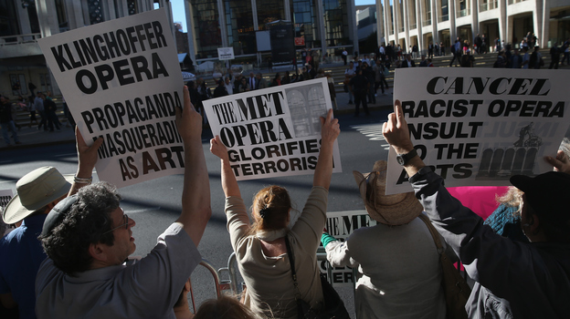 Several hundred protesters picket the opening night of the Metropolitan Opera season at Lincoln Center Sept. 22, 2014. "You will be made to destroy that set," Jeffrey Wiesenfeld said.
