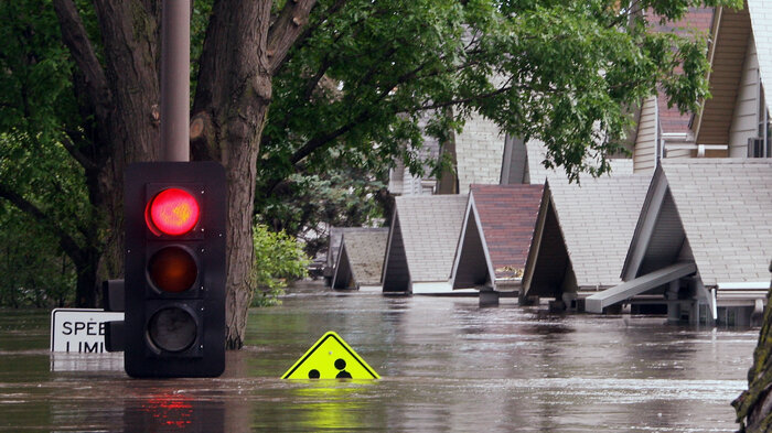 A flooded street in Cedar Rapids, Iowa. In the summer of 2008, the city ordered evacuations as Cedar River rose.