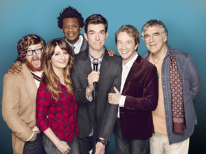 Comedian John Mulaney (center) stars with Zack Pearlman (from left), Nasim Pedrad, Seaton Smith, Martin Short and Elliott Gould on the Fox sitcom Mulaney.