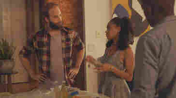 "The guy" (Ben Sinclair, left) delivers pot to two clients played by Tanisha Long and William Jackson Harper.