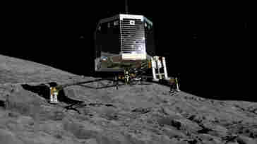 A photo illustration from the European Space Agency shows what a landing by the Philae robotic craft might look like, on the 67P/Churyumov-Gerasimenko comet. The lander is heading toward the comet Wednesday morning.