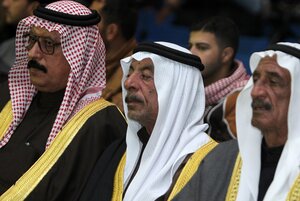 Sunni tribal leaders, Iraqi army officers and government officials attend a tribal conference on fighting the Islamic State group, at the Ain al-Asad air base, on Nov. 11. Sunni tribal leaders, Iraqi army officers and government officials attend a tribal conference on fighting the Islamic State group, at the Ain al-Asad air base, on Nov. 11.