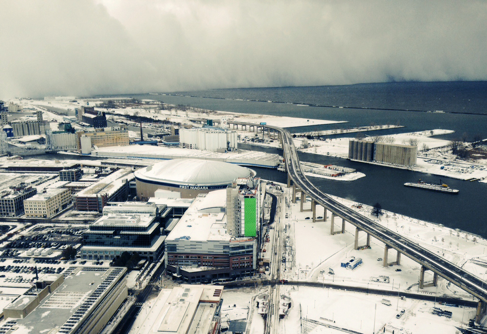 A band of storm clouds moves across Lake Erie and into Buffalo, N.Y., on Tuesday.