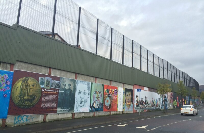 This is one of the peace walls in Belfast that separates Catholic and Protestant neighborhoods. The first barriers were built in 1969 and meant to last only six months, but they have multiplied over the years and stand to this day. This is one of the peace walls in Belfast that separates Catholic and Protestant neighborhoods. The first barriers were built in 1969 and meant to last only six months, but they have multiplied over the years and stand to this day.