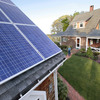 Solar energy panels on a roof in Marshfield, Mass.