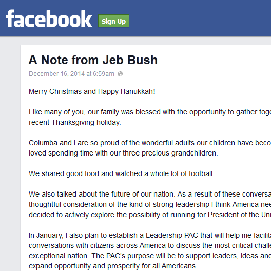 Former Florida Gov. Jeb Bush's Facebook announcement comes following a series of statements that he would soon decide on a presidential run.