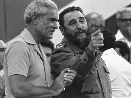 Cuba's President Fidel Castro visits Jamaica's Michael Manley during a huge rally in Montego Bay on Sept. 17, 1977.