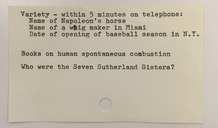Over the years librarians have fielded all sorts of questions — like those above, found in a box of questions posed by New York Public Library patrons from the 1940s to the '80s. Over the years librarians have fielded all sorts of questions — like those above, found in a box of questions posed by New York Public Library patrons from the 1940s to the '80s.
