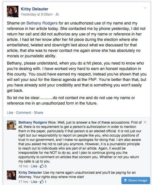 A screen grab shows the Facebook post by Kirby Delauter claiming a newspaper used his name "without authorization."