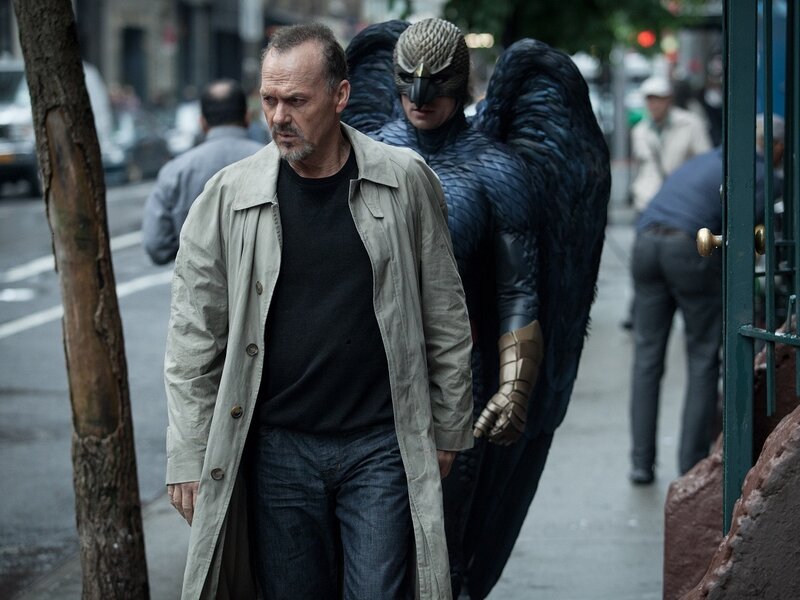 In Birdman, Michael Keaton (a real-life former Batman) plays a former movie superhero who's trying to get a grasp on his career. In Birdman, Michael Keaton (a real-life former Batman) plays a former movie superhero who's trying to get a grasp on his career.