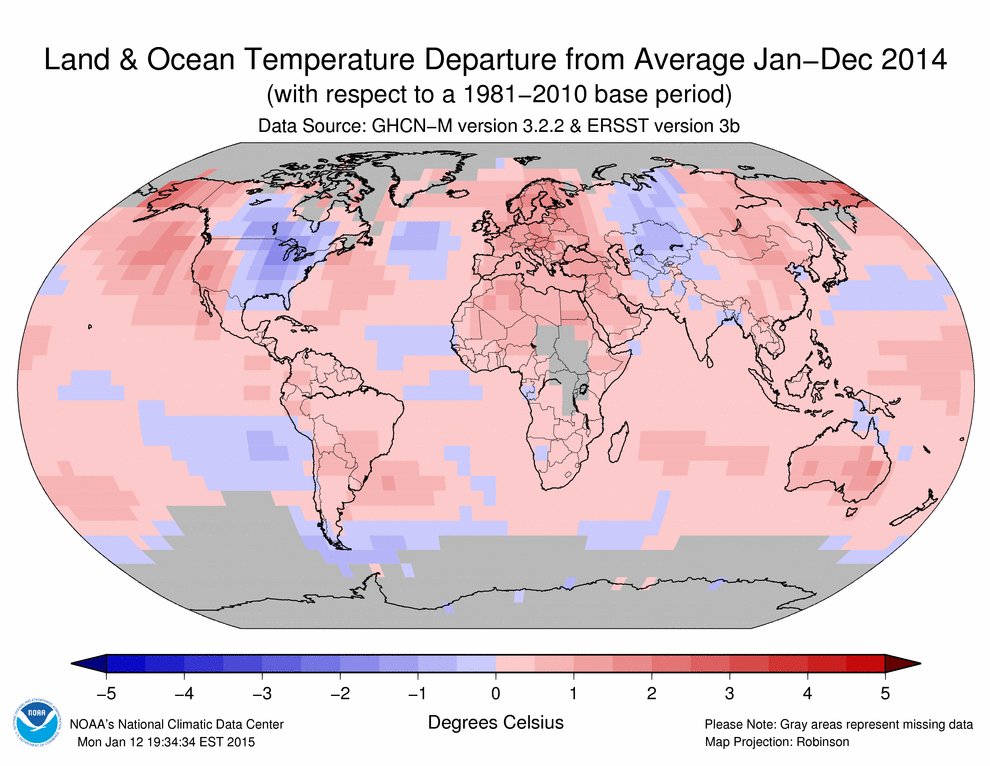 January–December 2014 blended land and sea surface temperature anomalies in degrees Celsius.