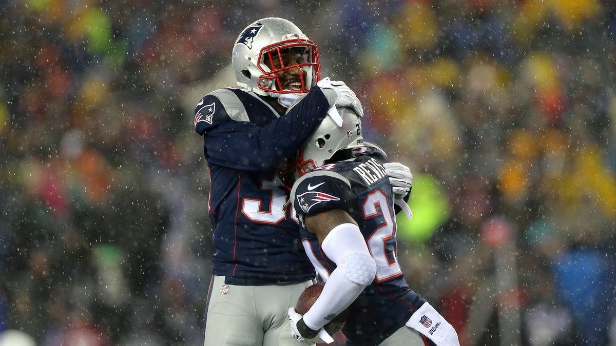 Duron Harmon and Darrelle Revis of the New England Patriots celebrate Revis' interception in the third quarter of the 2015 AFC Championship Game. The Patriots beat the Indianapolis Colts and will be playing in the Super Bowl Feb. 1.