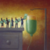 Tiny people lining up to put money into an IV drip.