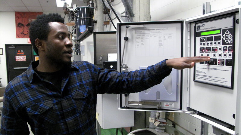 Jeffy Docteur is one of the students in the NStar electrician apprenticeship program outside Boston. He says he's interested in working on switching systems that keep power flowing through the electrical grid. Jeffy Docteur is one of the students in the NStar electrician apprenticeship program outside Boston. He says he's interested in working on switching systems that keep power flowing through the electrical grid.