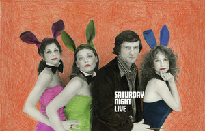 Hugh Hefner poses with (from left) Gilda Radner, Jane Curtin and Laraine Newman in 1977. Edie Baskin says she remembers using "markers, pencils, oils, colored chalk" to create images like these.