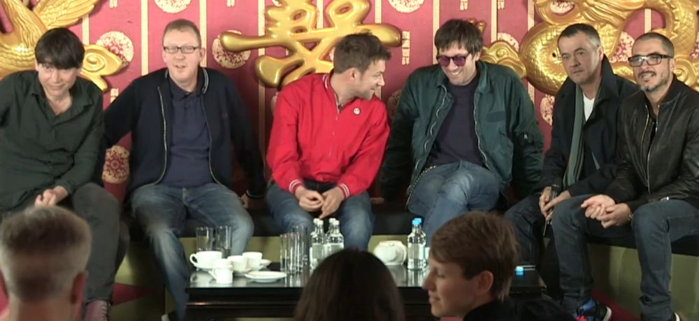 Blur, producer Stephen Street and BBC host Zane Lowe during the band's Facebook webcast.