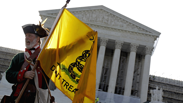 Tea Party supporter William Temple protests against President Obama's health care law outside the Supreme Court in 2012. (AP)