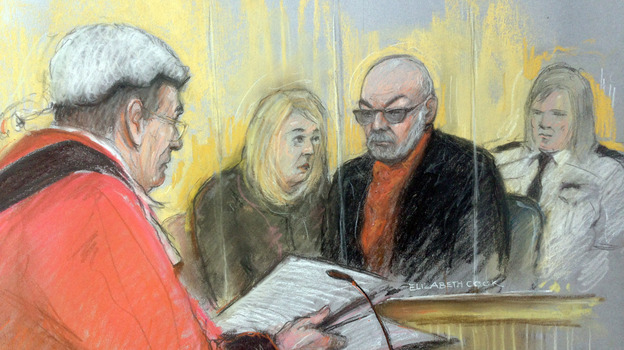 A court sketch of former glam rocker Gary Glitter who was jailed for 16 years today for sexually abusing three schoolgirls. (PA Photos /Landov)