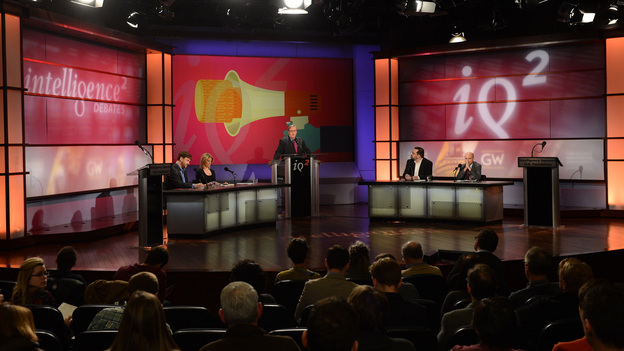 Two teams face off over the motion, "Liberals Are Stifling Intellectual Diversity On Campus," at the latest Intelligence Squared U.S. debate. (Intelligence Squared U.S.)