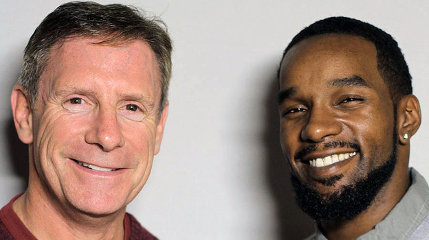 Retired California Highway Patrol Officer Kevin Briggs (left) and Kevin Berthia at StoryCorps in San Francisco. (StoryCorps)