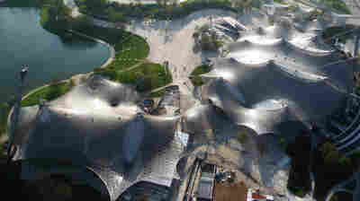 Roofing designed by Frei Otto for main sports facilities in the Munich Olympic Park at the 1972 Summer Olympics.