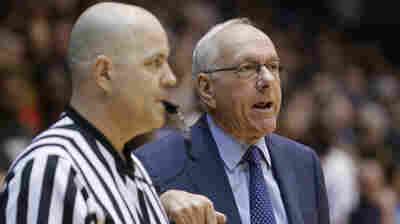 Syracuse coach Jim Boeheim (right) speaks with an official during the first half of an NCAA college basketball game against Duke in Durham, N.C., on Feb. 28.