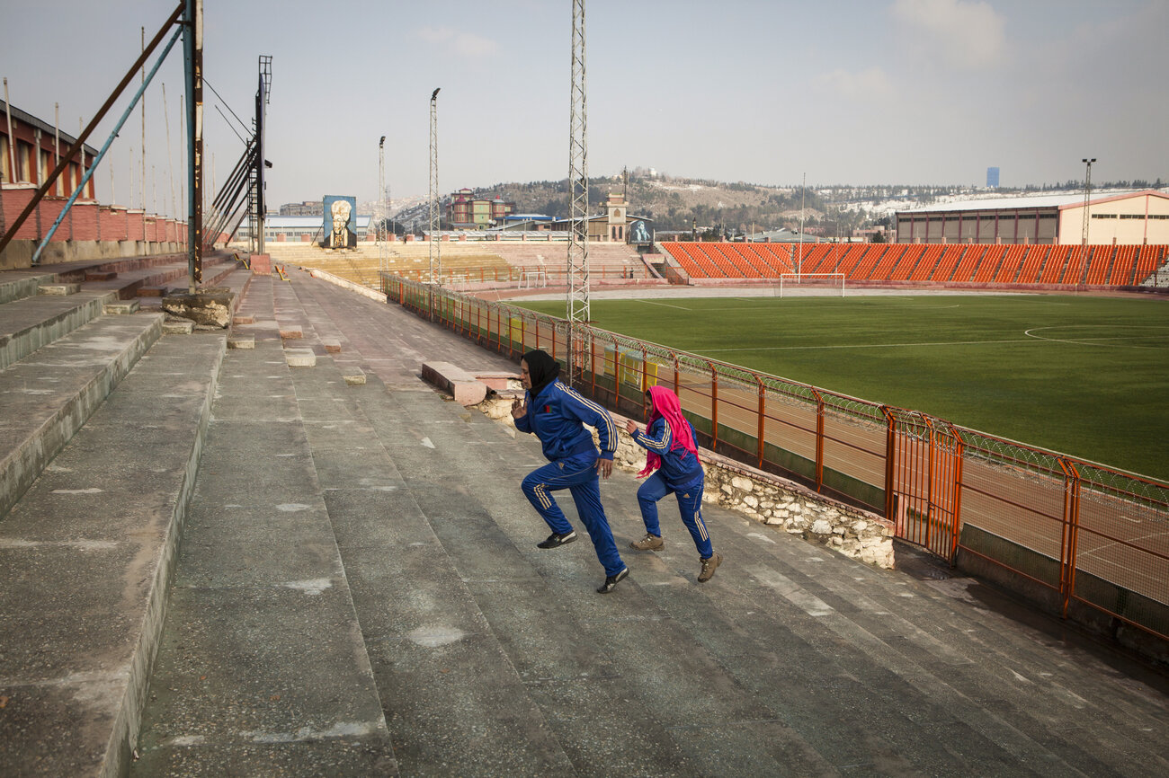 The young women train in earnest at Ghazi Stadium, where they sprint up the bleachers and rappel down 23-foot-high walls. The young women train in earnest at Ghazi Stadium, where they sprint up the bleachers and rappel down 23-foot-high walls.