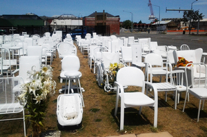 A memorial comprising empty chairs commemorate the 185 people killed by the Christchurch earthquake on Feb. 22, 2011.