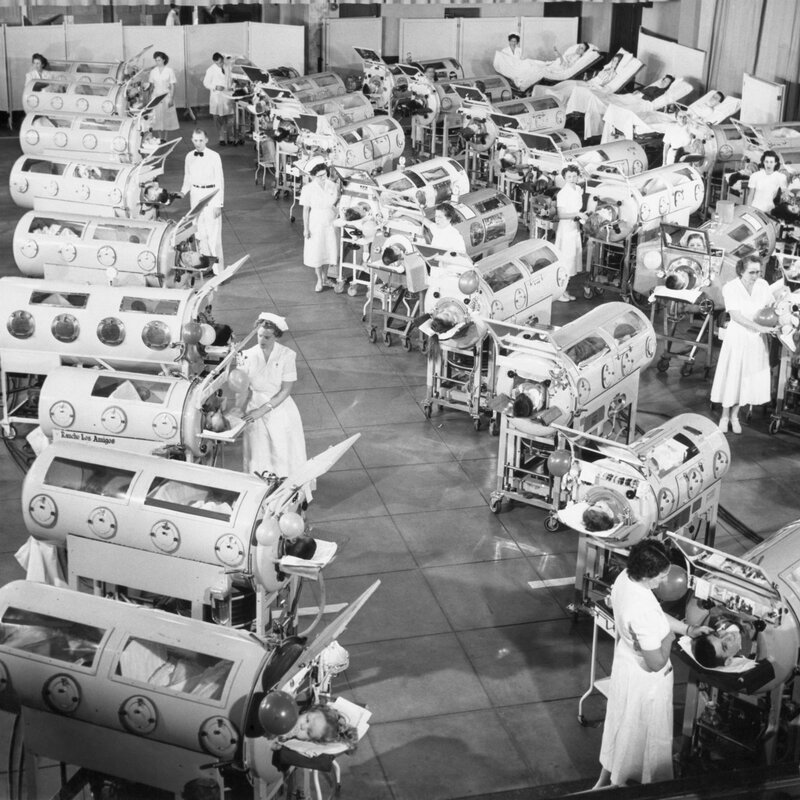 Iron lungs in a polio ward, undated.