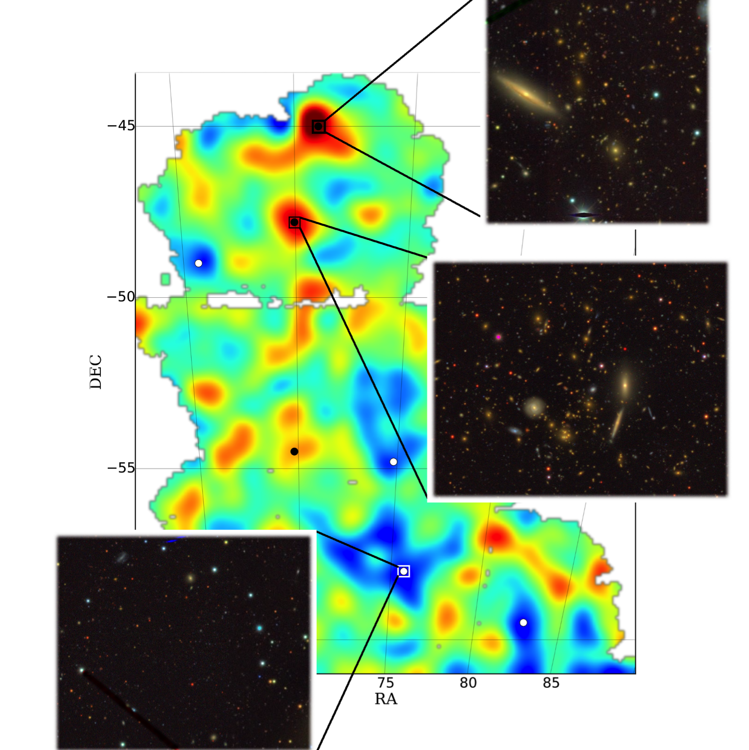 Mass map with images of two galaxy clusters and a cosmic void.