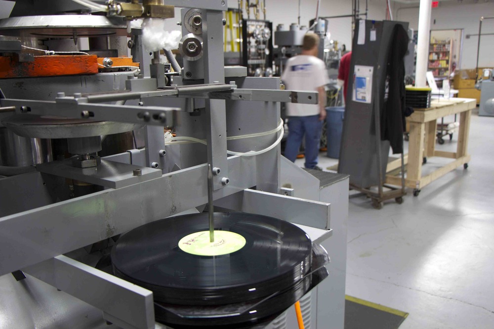 One of the record presses on the floor at the Quality Record Pressings plant in Salina, Kan.