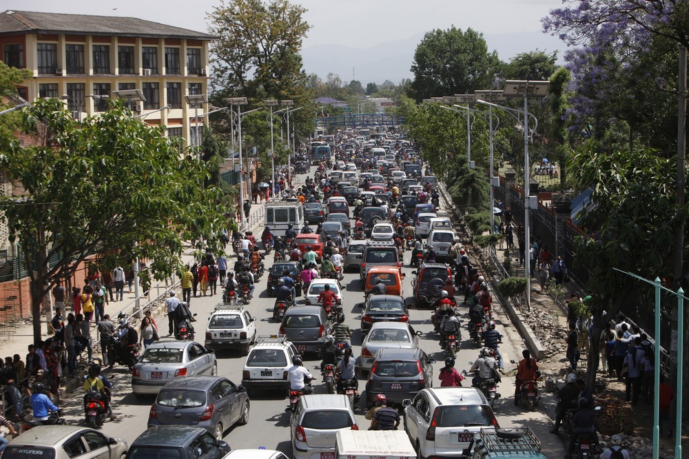 Traffic grinds to a halt in Kathmandu, Nepal, on Tuesday after another earthquake rocked the country.