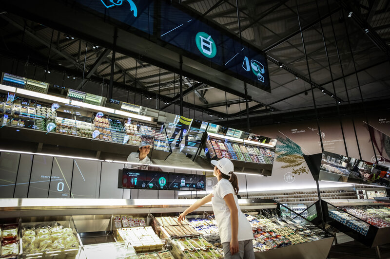 Carlo Ratti of MIT designed this "supermarket of the future" exhibit. If you move a hand close to a product, a digital display lights up, providing information on origin, nutritional value and carbon footprint. Carlo Ratti of MIT designed this "supermarket of the future" exhibit. If you move a hand close to a product, a digital display lights up, providing information on origin, nutritional value and carbon footprint.