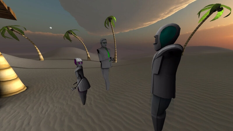Participants can teleport to different environments, like a desert oasis. Participants can teleport to different environments, like a desert oasis.
