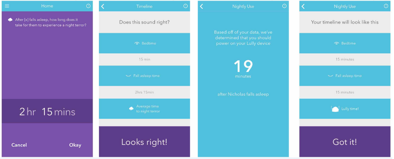 The app uses an algorithm to calculate a time parents should turn on the vibrating pod after they answer questions about their child's sleep behavior. The app uses an algorithm to calculate a time parents should turn on the vibrating pod after they answer questions about their child's sleep behavior.