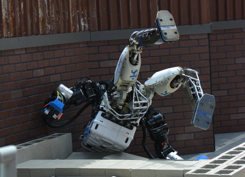 The robot from Florida-based Team IHMC Robotics takes a tumble as it tries to walk over rubble. This team came in second place and won a $1 million prize. The robot from Florida-based Team IHMC Robotics takes a tumble as it tries to walk over rubble. This team came in second place and won a $1 million prize.