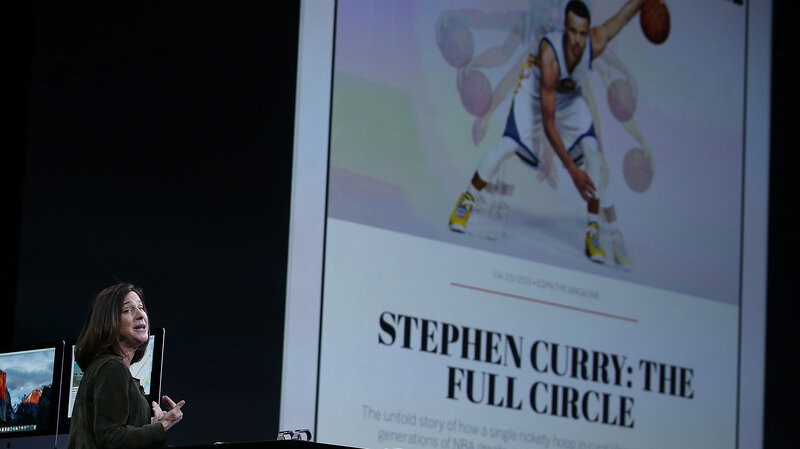 Susan Prescott, Apple vice president of product management and marketing, demonstrates the News app during the Apple Worldwide Developers Conference in San Francisco on Monday.