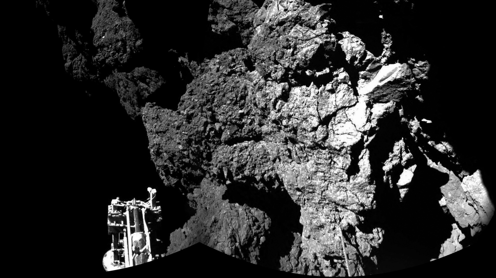 The Philae lander beamed back images showing one of its three feet on the surface of Comet 67P/Churyumov-Gerasimenko. This photo is compiled from two images.