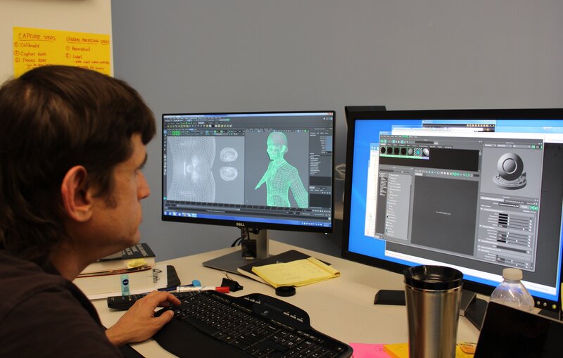 Malzkuhn's movements are mapped onto an avatar. Malzkuhn's movements are mapped onto an avatar.