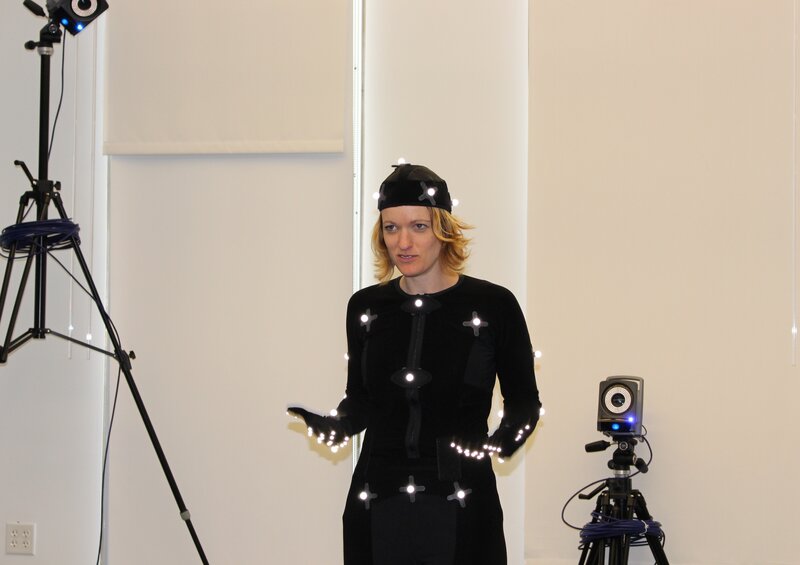 Melissa Malzkuhn, director of the Motion Light Lab at Gallaudet University, suits up in motion capture to record a nursery rhyme for deaf children. Melissa Malzkuhn, director of the Motion Light Lab at Gallaudet University, suits up in motion capture to record a nursery rhyme for deaf children.