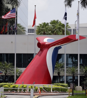 Carnival Cruise Lines' main entrance of their office building in Miami. Carnival says it would become the first American cruise company to visit the Caribbean island nation since the 1960 trade embargo.