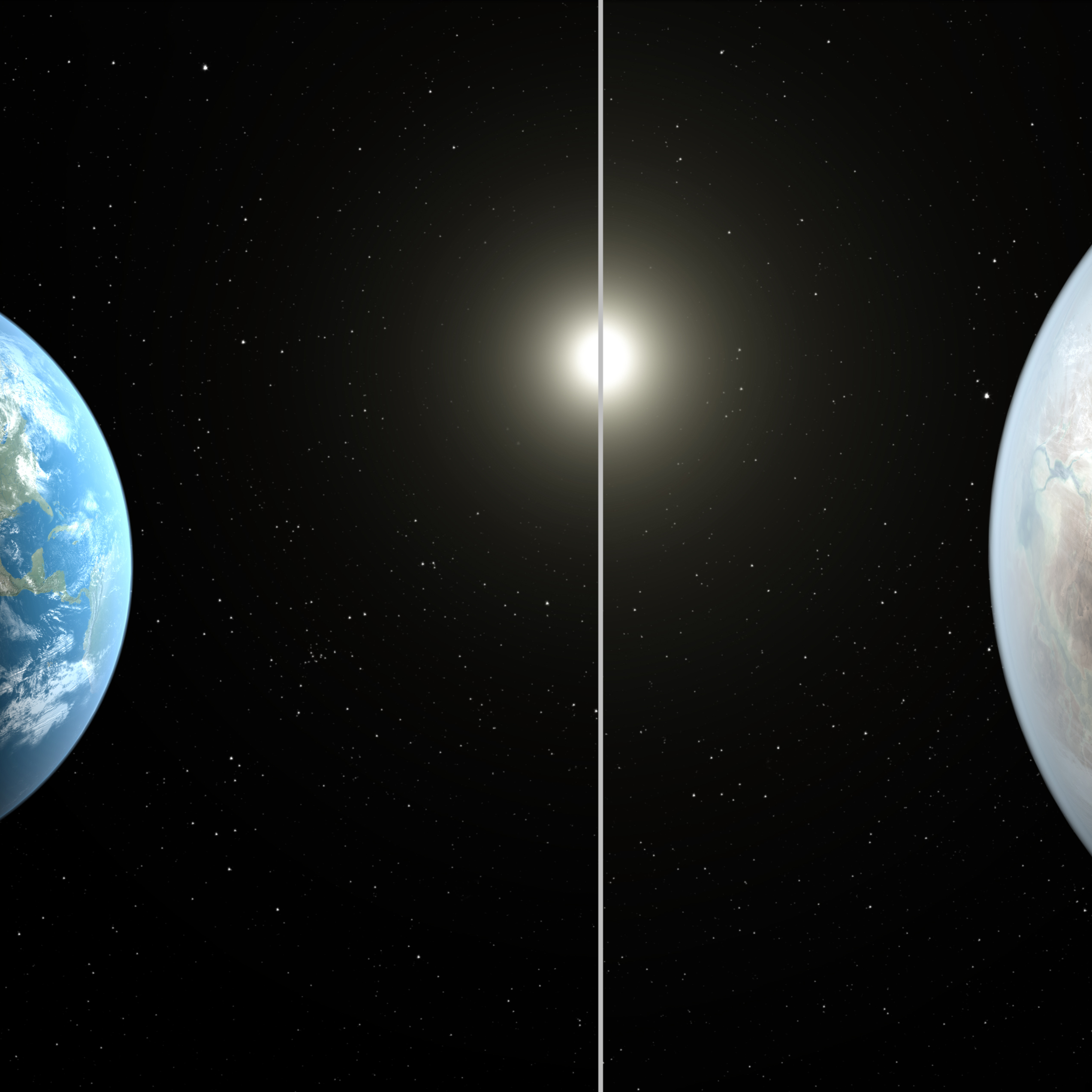 Artist's concept compares Earth (left) to the new planet, called Kepler-452b, which is about 60 percent larger in diameter.