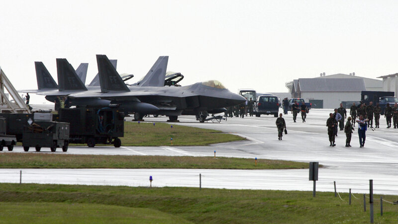 U.S. Air Force F-22 Raptors are seen parked at Kadena Air Base on the island of Okinawa in Japan. The U.S. military established a presence on Okinawa during World War II.