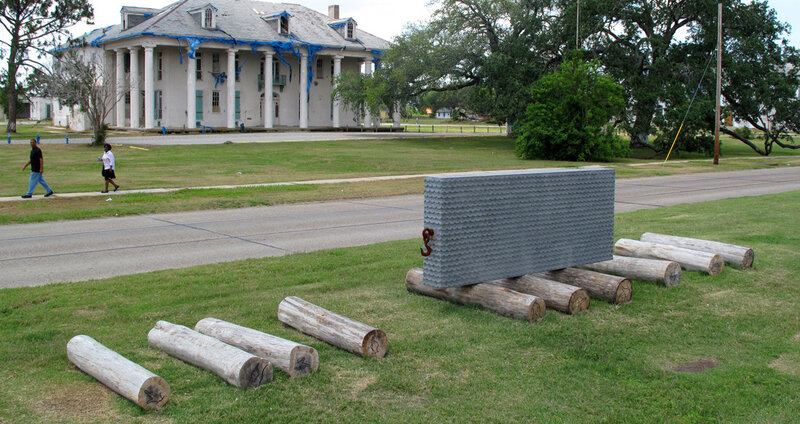 Located in the artist's former New Orleans neighborhood of Gentilly, Saucedo's Flood Marker commemorates the victims of Hurricane Katrina. (Courtesy of Christopher Saucedo and LeMieux Gallery, New Orleans) Located in the artist's former New Orleans neighborhood of Gentilly, Saucedo's Flood Marker commemorates the victims of Hurricane Katrina. (Courtesy of Christopher Saucedo and LeMieux Gallery, New Orleans)