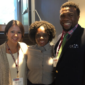 From left, Anna Del Castillo, Shannon Pierce and Phillip David Ellison. Pierce identifies as independent and is deeply concerned about mass incarceration. She doesn't love any of the candidates, but, at this point, she said she would probably go with Hillary Clinton. (Asma Khalid/NPR)