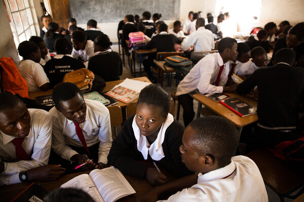 Madalitso Mulando studies at the Chinika Secondary School in Lusaka, Zambia. By fifth grade, the school dropout rate is three times higher for girls than for boys. (Samantha Reinders for NPR)