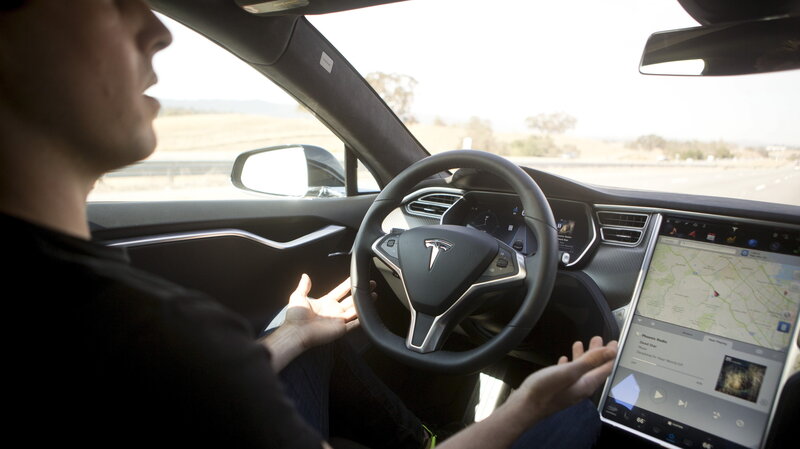 New autopilot features are demonstrated in a Tesla Model S during a Tesla event in Palo Alto, Calif., Wednesday. New autopilot features are demonstrated in a Tesla Model S during a Tesla event in Palo Alto, Calif., Wednesday.