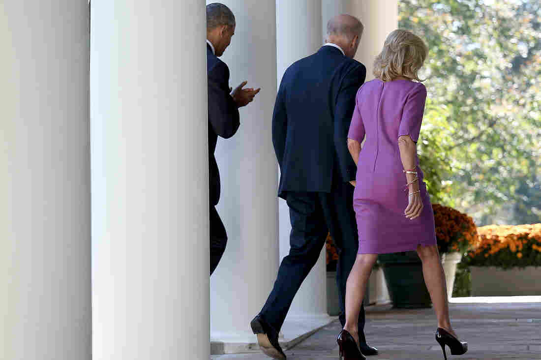 Biden exits the White House Rose Garden on Wednesday with his wife, Jill, and President Obama after announcing he will not run for president in 2016.