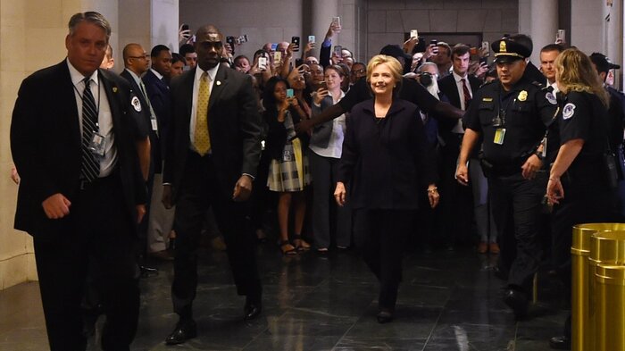 Hillary Clinton arrives to testify before the House Select Committee on Benghazi on Thursday. (Jim Watson/AFP/Getty Images)