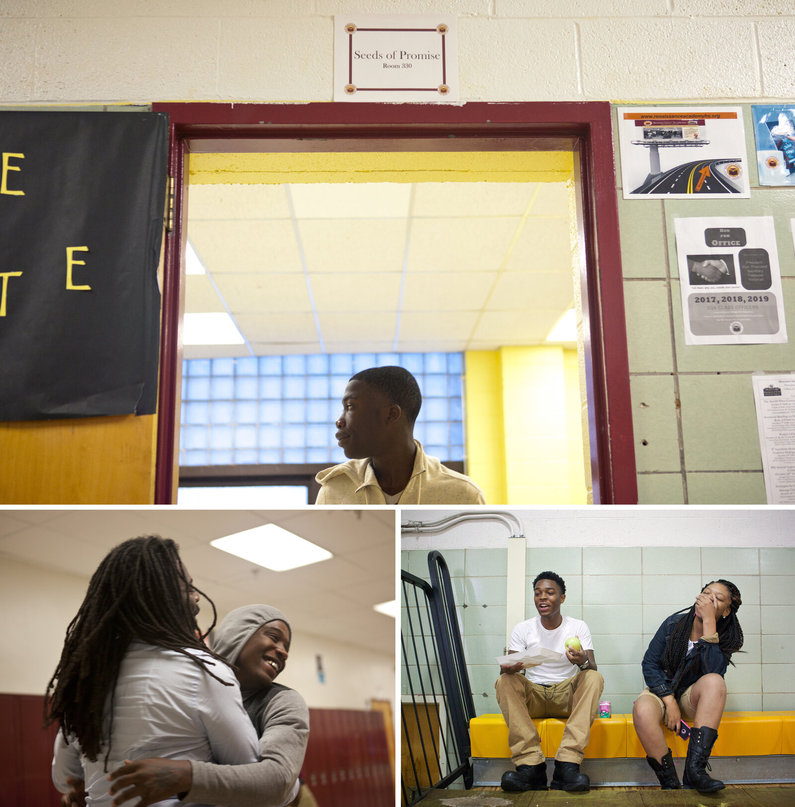 TOP: Student Dwayne Russell walks out of an office after checking in to start his day at school. RIGHT: Students Aaron Smith, 17 (left) and Lanaya Whittington, 16, interact in the gym during their lunch break. LEFT: Antwon Cooper embraces student Darian Bowers, 17, in the hallway. TOP: Student Dwayne Russell walks out of an office after checking in to start his day at school. RIGHT: Students Aaron Smith, 17 (left) and Lanaya Whittington, 16, interact in the gym during their lunch break. LEFT: Antwon Cooper embraces student Darian Bowers, 17, in the hallway.